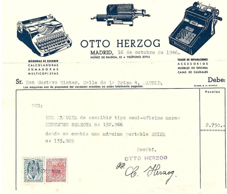 Factura adquisición de una máquina de escribir de semi-oficina el 16 de octubre de1946